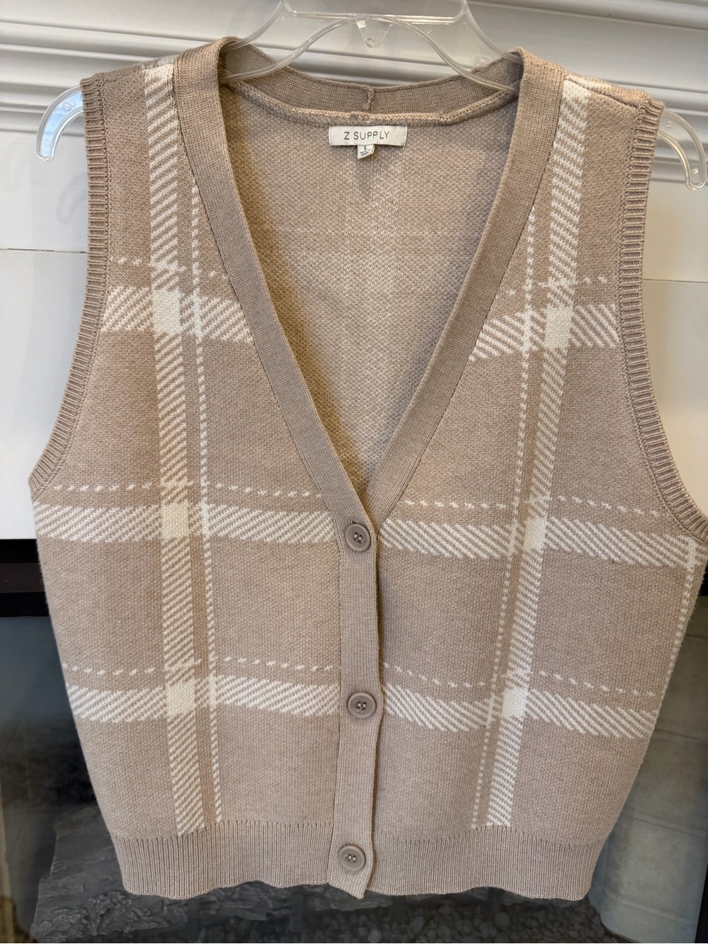 Z Supply Taupe and White Plaid Knit Button-Front Sweater Vest